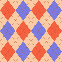 Argyle pattern seamless. Fabric texture background. Argyle pattern in purple, red and beige. Seamless geometric stitched  for gift card, gift paper, socks, sweater, jumper, fashion design.	