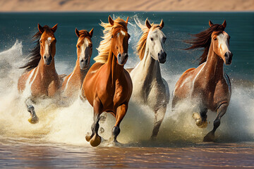 A herd of thoroughbred horses runs along the seashore, raising splashes of water.. AI generated
