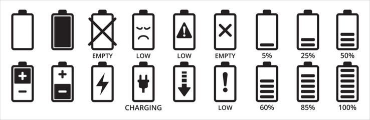 Battery icon set. Battery charging level sign. Charge indicator from 5 percent to 100 percent. Vertical battery vector illustration in out line style.