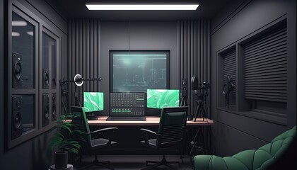 Modern Podcast studio with monitors, Microphones, table ,chairs, Generative AI