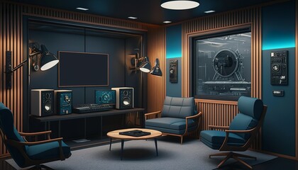 Modern Podcast studio with Microphones Speakers Blank empty screen, warm colors, table, chairs, Generative AI