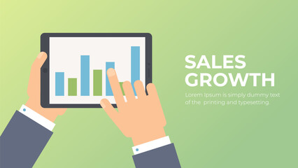 Hands with tablet, sales growth. Bar graphs, data, profit, increase, infographic. Vector illustration. Business sales growth concept.