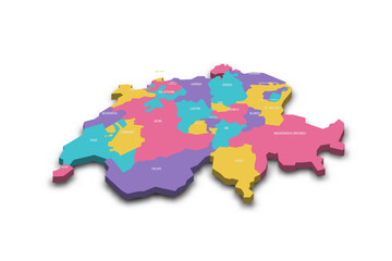 Switzerland political map of administrative divisions - cantons. Colorful 3D vector map with dropped shadow and country name labels.