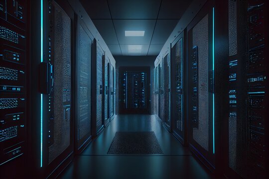 Imagery of dark servers data center room with computers and storage systems and glowing elements. Generative AI