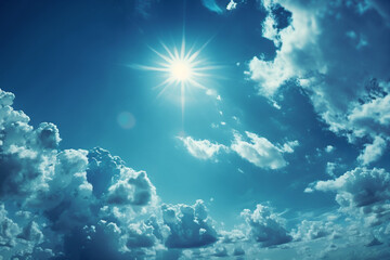 Fototapeta na wymiar Blue sky with clouds and sun. Generative AI
