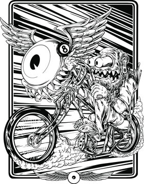 sketsa design lowrider custom bike and character vector illustration