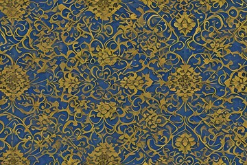 Seamless golden luxury vintage pattern, blue, background banner, print texture, Generative AI