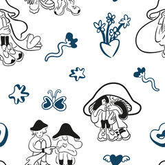 vector seamless pattern with simple doodles. love and relationships. stylish minimalist line pattern. romantic graphic background. Vector hearts, couples, flowers, plants, arrows.