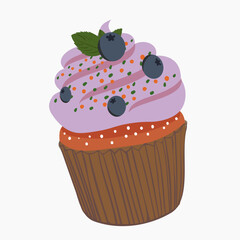 isolated image of chocolate muffin with blueberry cream. cupcake decorated with blueberry berries and a leaf.color vector illustration in flat style.