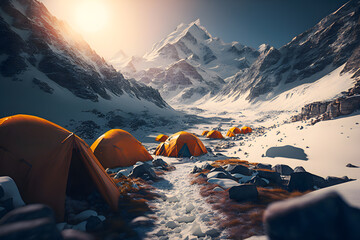 Tent camp and orange tents on the plateau of a mountain valley, the point of acclimatization of climbers before a high-altitude hike. Generative AI - obrazy, fototapety, plakaty