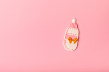 Baby shower cookies on a pink background. Delicious cookies for a baby party. Baby shower party concept. Flat lay. View from above. candy bar. Gender party.