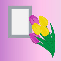 Vector image of a bouquet of flowers of lilac and yellow tulips, and a gray frame for a photo on a lilac background. Graphic design.
