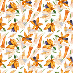 Watercolor pattern. Tropical flowers in orange and purple colors hand drawn in watercolor on a white background. Suitable for printing on fabric, wallpaper, paper, for creativity.
