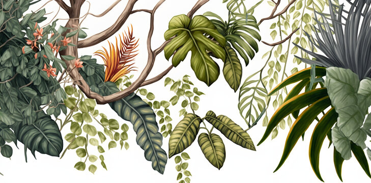 Vintage Tropical Plants on White Background, Illustration Art Texture  generativ ai 