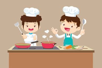 Cute Boy and Girl cooking in the kitchen. happy little chef kids