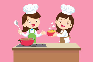 Cute Boy and Girl cooking in the kitchen. happy little chef kids