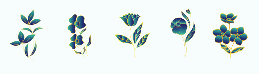 golden flower line art floral ornament golden metallic decorate leaf branch luxury design vector 