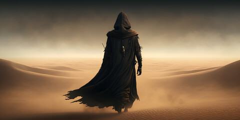 scary dark man walking across the desert, fantasy landscape illustration generativ ai