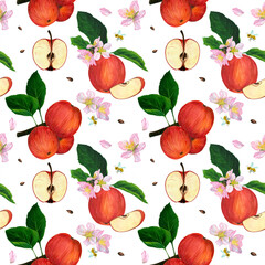 Seamless pattern with red ripe apples, flowers, leaves, seeds and apple petals. Watercolor illustration.