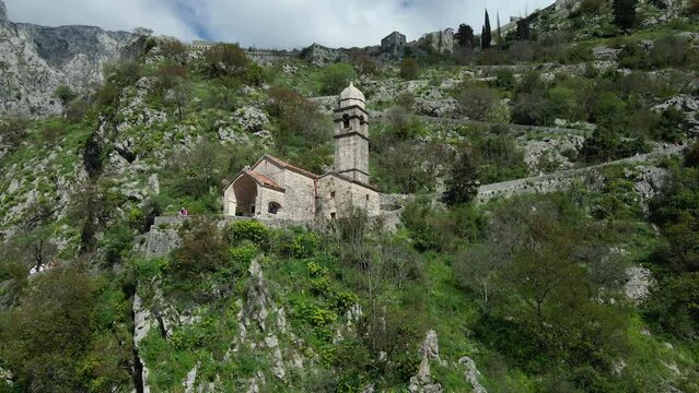 Temple in the kotor fortress, montenegro. aerial view