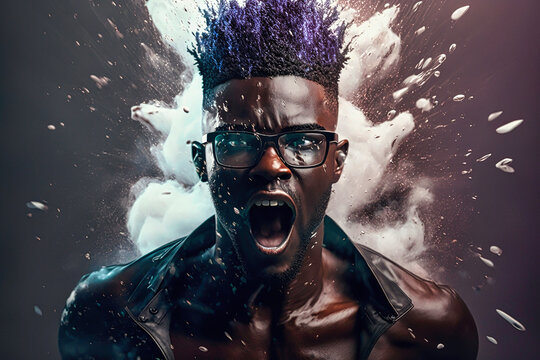 Portrait of angry and screaming annoyed futuristic african american man over dark background with paint explosion. Furious man having an aggressive reaction. Created with generative AI