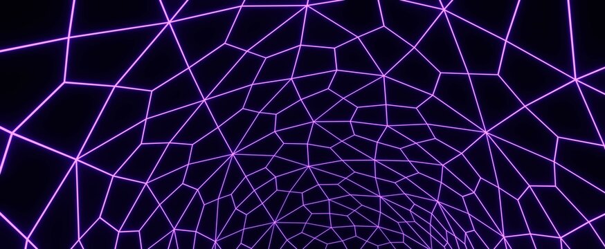 Futuristic neon spider mesh background. Purple digital plexus with 3d render futuristic tracery. Cyber space world wide web for techno design and halloween
