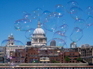 St Paul Cathedral seeing through floating bubbles in London UK