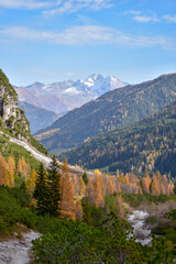 Autumn in the Austrian Alps. Village of Mittelberg in Kleinwalsertal in the Allgau Alps.