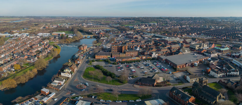 Castleford, West Yorkshire, England. Aerial view of Castleford, mining town known for it's Ski centre and retail outlet, Rugby team and roman settlement alongside the river Are. 