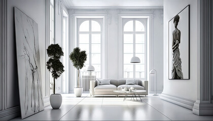 Fototapeta na wymiar Minimalist white style interior design idea. Generative AI
