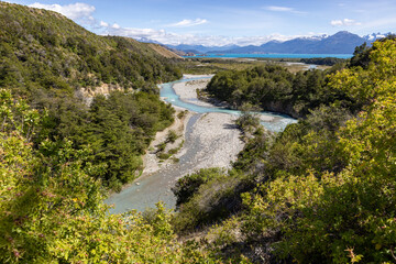 Naklejka na ściany i meble Aerial View of a creek flowing to the beautiful Lago General Carrera in southern Chile - Traveling the Carretera Austral 