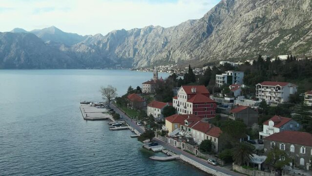 Dobrota city in Kotor bay, aerial view. mountains and coastline of the city