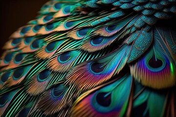 Close up image of peacock's feather as background. Generative AI