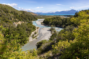 Fototapeta na wymiar Aerial View of a creek flowing to the beautiful Lago General Carrera in southern Chile - Traveling the Carretera Austral 