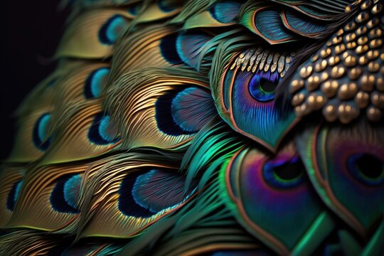 Close up image of peacock's feather as background. Generative AI