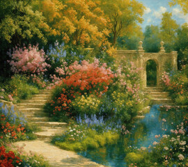 Impressionist oil painting of a garden with a pond, generative painting