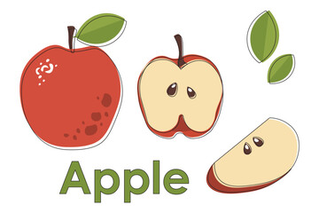 Flat  vector apple with line. Red apple slices on white background