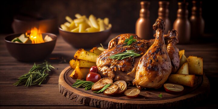 Lecker gegrillte H&auml;hnchen Keulen frisch serviert, ai generativ