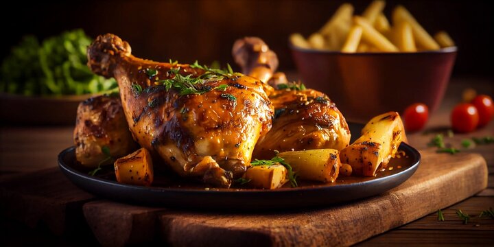 Frisch gegrillte H&auml;hnchenkeulen gut gew&uuml;rzt auf Platte serviert, ai generativ