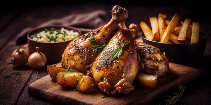 Frisch gegrillte H&auml;hnchenkeulen gut gew&uuml;rzt auf Platte serviert, ai generativ