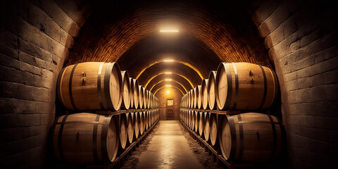 A wine cellar with barrels - AI generative