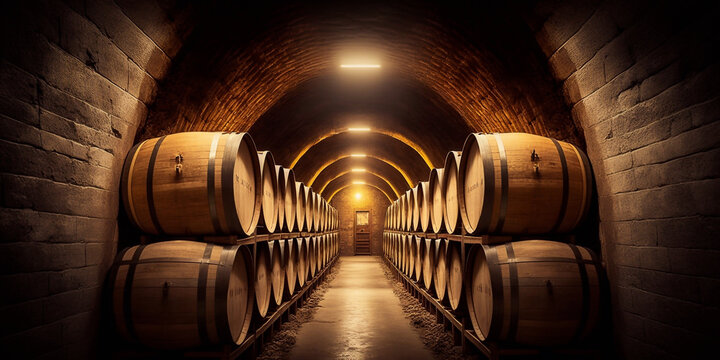 A wine cellar with barrels - AI generative