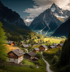 Fototapeta na wymiar Perched high in the heart of the alps, this majestic village is a breathtakingly beautiful destination for those seeking to escape the hustle and bustle of modern life. AI generative
