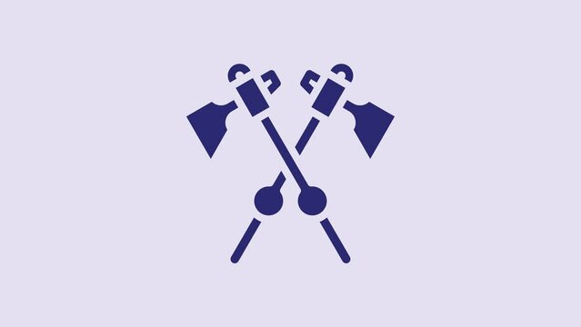 Blue Crossed medieval axes icon isolated on purple background. Battle axe, executioner axe. Medieval weapon. 4K Video motion graphic animation