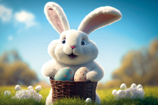 Flauschiger Pl&uuml;sch-Osterhase mit Osterkorb und Ostereiern - Generative AI