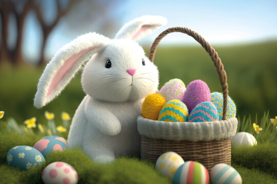Flauschiger Pl&uuml;sch-Osterhase mit Osterkorb und Ostereiern - Generative AI