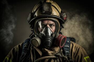 Close up portrait of a serious fireman wears an oxygen mask on his face and protective helmet. Nice cinematic atmosphere lighting , person created by AI generative.