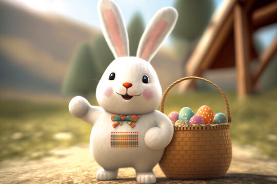 Flauschiger Pl&uuml;sch-Osterhase mit Osterkorb und Ostereiern - Generative AI