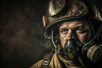 Fototapeta premium Close up portrait of a serious fireman wears an oxygen mask on his face and protective helmet. Nice cinematic atmosphere lighting , person created by AI generative.