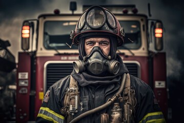 Close up portrait of a serious fireman wears an oxygen mask on his face and protective helmet. Nice cinematic atmosphere lighting , person created by AI generative.